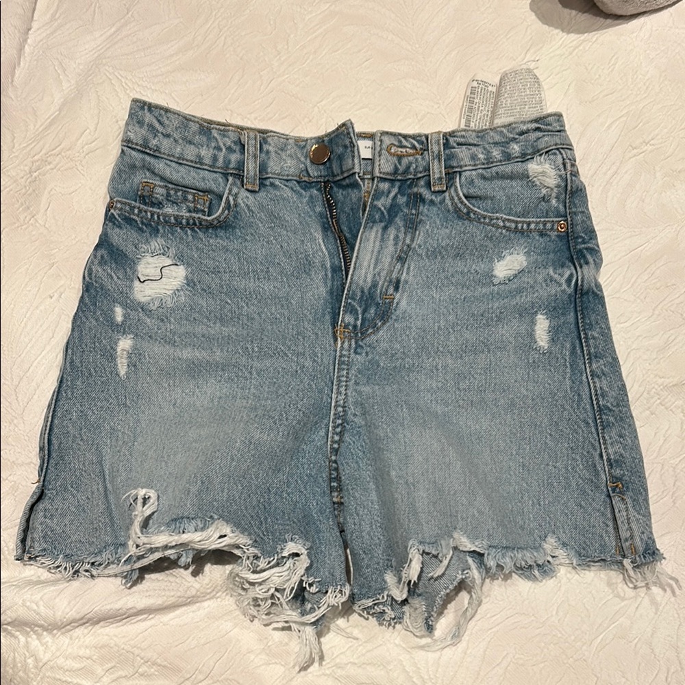 Zara Blue Jean Shorts High-Waisted Frayed Hem